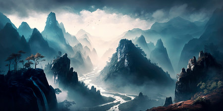 Mysterious misty nature mountains Generativeの素材