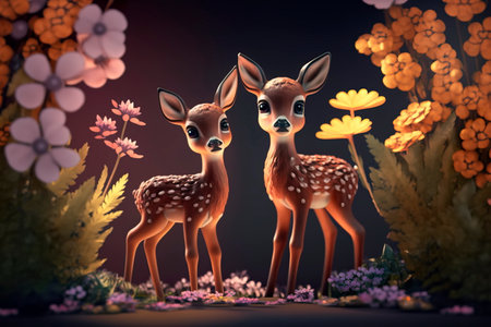 Two cute fawns and flowers realistic Generativeの素材