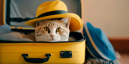 Adventurous Feline with Yellow Suitcase and Hat Generativeの素材