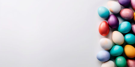 Easter Egg bottom border over a soft white banner background. Top down view with copy spaceの素材