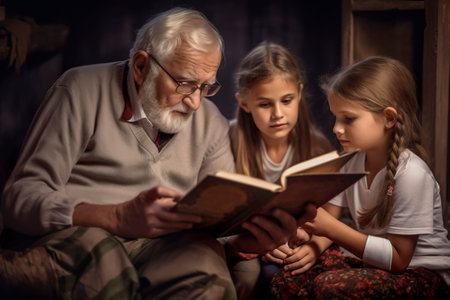 Grandparents reading a storybook to their grandchildren Generative AIの素材