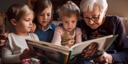 Grandparents reading a storybook to their grandchildren Generative AIの素材