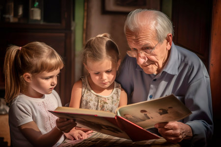 Grandparents reading a storybook to their grandchildren Generative AIの素材