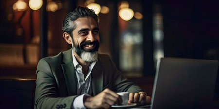 Smiling Businessman Using Laptop at Coffee Shop Generativeの素材