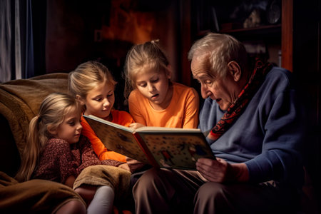 Grandparents reading a storybook to their grandchildren Generative AIの素材