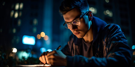 Young Entrepreneur Working Late at Night Generativeの素材