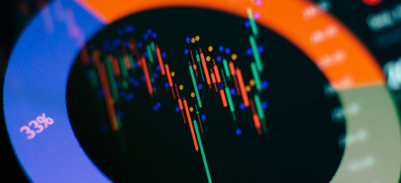 Bar graphs, Diagrams, financial figures. Abstract glowing forex chart interface wallpaper. Investment, trade, stock,の写真素材