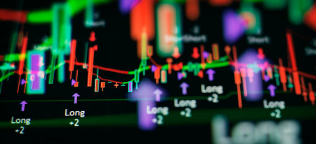 Bar graphs, Diagrams, financial figures. Abstract glowing forex chart interface wallpaper. Investment, trade, stock,の写真素材