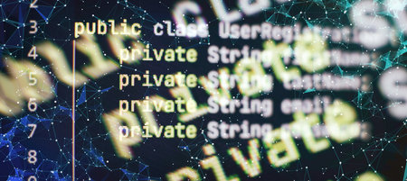 Monitor closeup of function source code. Abstract IT technology background.