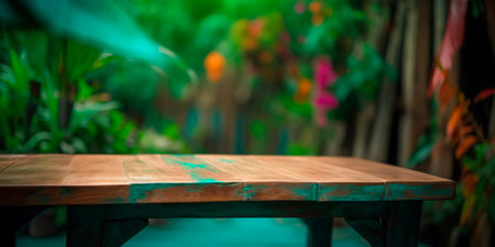 wooden table in front of tropical green floral background. for product display and presentation. Generativeの素材