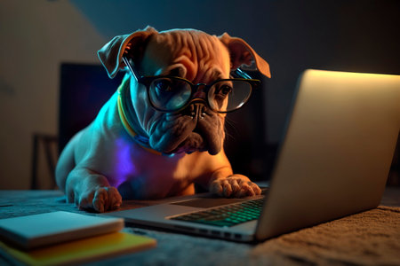 Cute dog looking into a computer laptop working in glassesの素材