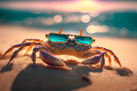 Crab in sunglasses on the sand on the background of the oceanの素材