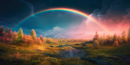 mystical landscape with a rainbow-colored aurora borealis lighting up the skyの素材