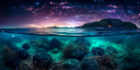 surreal seascape with bioluminescent creatures and a moonlit skyの素材