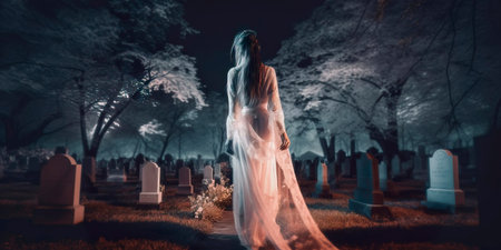 ghostly apparition of a woman in white, standing in front of a moonlit graveyard, her hair and dress flowing in the wind.の素材