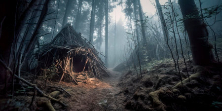 haunted forest with a ghostly apparition or a witch's hut, suggesting the possibility of magic and supernatural powers.の素材