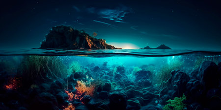 surreal seascape with bioluminescent creatures and a moonlit skyの素材