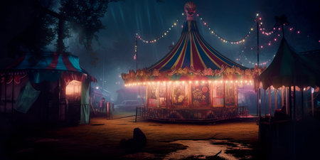 mysterious carnival with eerie clowns and a creepy carousel, evoking a sense of wonder and fear at the same time.の素材