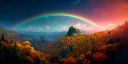 mystical landscape with a rainbow-colored aurora borealis lighting up the skyの素材
