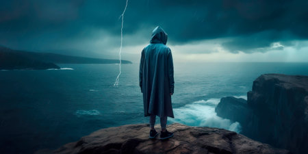 hooded figure standing on a cliff by the sea, with storm clouds and lightning in the background, suggesting a foreboding presence.の素材
