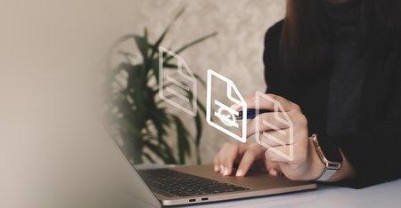 The girl signs an electronic document with a virtual signature. electronic documentの写真素材