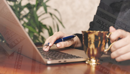 business woman use computers to work at home innovationの写真素材