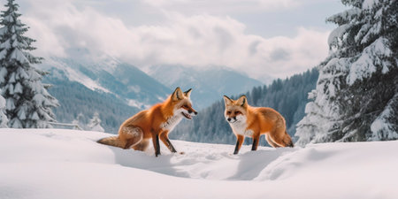 pair of foxes playing in the snow, with pine trees and a mountain range in the background.の素材