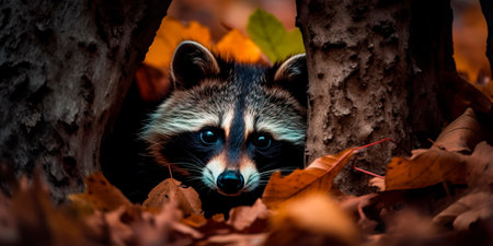 raccoon peeking out of a tree hole, with leaves and branches surrounding itの素材