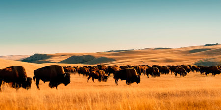 herd of bison grazing on a plain, with rolling hills and a clear blue sky.の素材