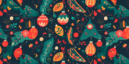 holiday-inspired design, featuring traditional elements such as Christmas trees, presents, and ornamentsの素材