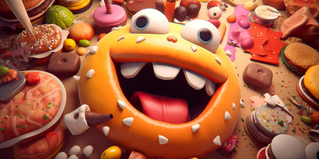 cartoon stomach character with eyes and a mouth, surrounded by food items, like pizza and burgers.の素材