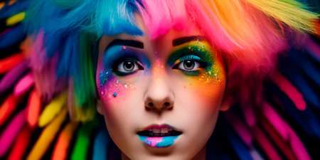 person's face, with colorful makeup and a rainbow-colored wig, looking directly at the camera with confidence and joy.の素材
