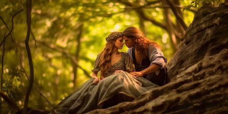 fairy and a mortal sharing a passionate embrace in a forest clearingの素材