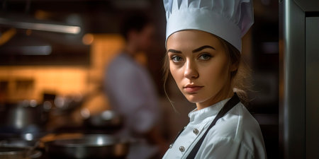 beautiful girl chef ready to cook food in the kitchen at the restaurant.の素材