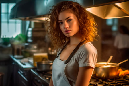 beautiful girl chef ready to cook food in the kitchen at the restaurant.の素材