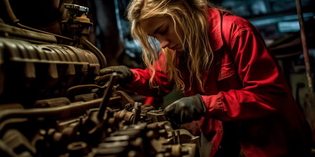 Woman auto mechanic repairs with a wrench with an engineの素材