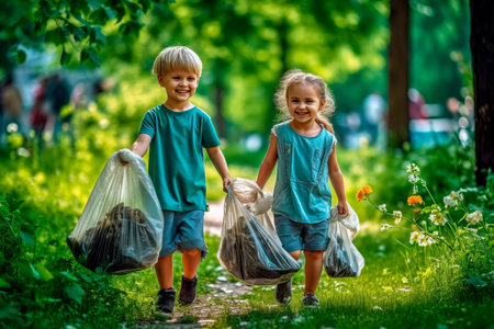 Children picking up trash at the park for Earth Day .Generativeの素材