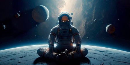 astronaut is engaged in meditation in space on the background of the solar systemの素材