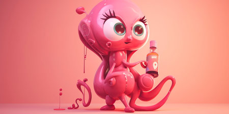 cartoon uterus character with a maternal expression, holding a baby bottle and a rattle.の素材