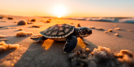 baby sea turtle crawling on the beach towards the ocean with the sun setting in the backgroundの素材