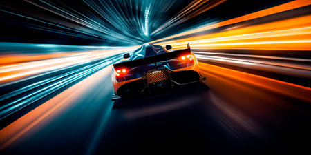 race car speeding around a track with long exposure trails of light and dynamic movementの素材
