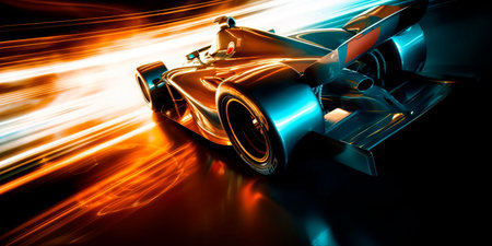 race car speeding around a track with long exposure trails of light and dynamic movementの素材