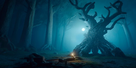 mystical forest scene featuring an ancient tree with glowing runes carved into its bark, surrounded by mist and illuminated by moonlight.の素材