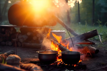 Camp and cooking in field conditions, boiling pot at the campfire on picnic in the morning.の素材