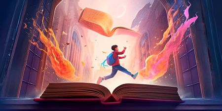 young boy leaping from one giant book to another, with each one leading him to a new world of magic and wonder.の素材