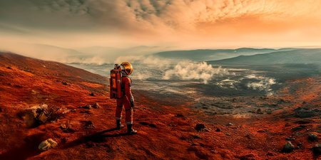 Astronaut standing on the surface of Mars, capturing the barren landscape and the reddish hues of the planet's soil.の素材