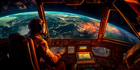 Astronauts aboard a spacecraft, gazing out at the Earth, emphasizing the fragility and beauty of our planet.の素材