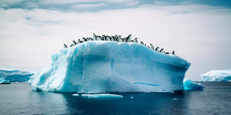 colony of penguins huddled together on an iceberg, with a blue sky and floating icebergs in the background.の素材