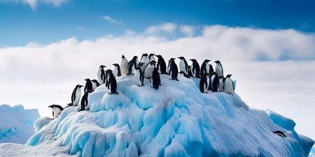 colony of penguins huddled together on an iceberg, with a blue sky and floating icebergs in the background.の素材