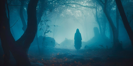 misty forest with ghostly apparitions and a full moon in the background, conveying a spooky mystical atmosphere.の素材